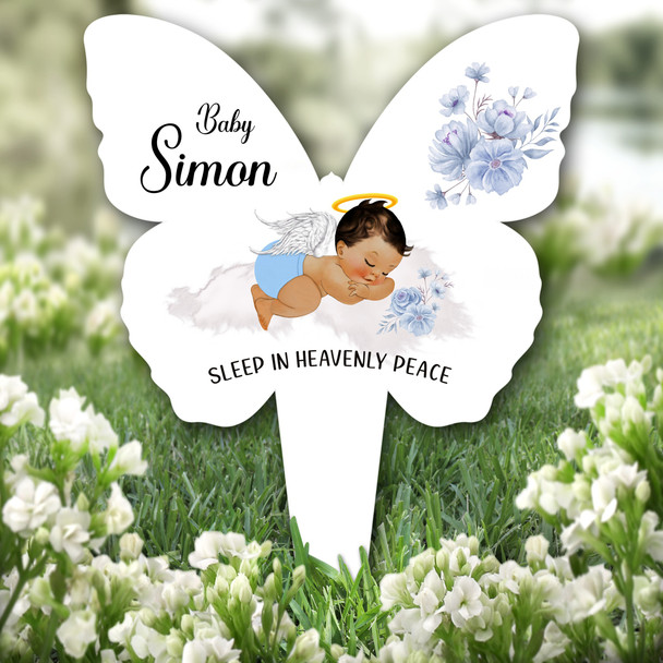 Butterfly Brown Hair Baby Boy Blue Remembrance Plaque Grave Memorial Stake