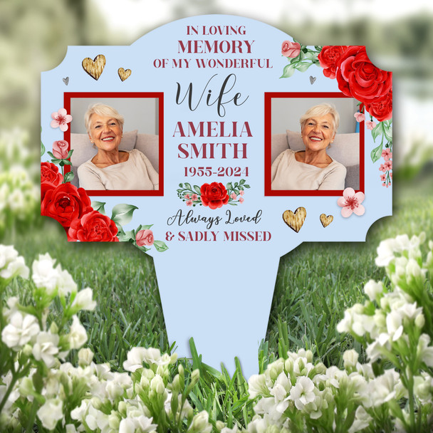 Wife Red Roses Photo Blue Remembrance Garden Plaque Grave Marker Memorial Stake