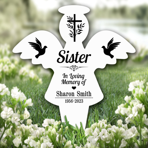 Angel Sister Black Doves Cross Remembrance Garden Plaque Grave Memorial Stake