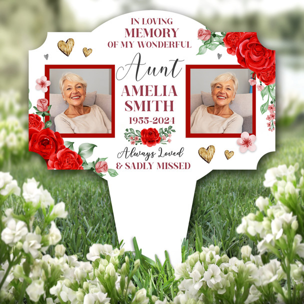 Aunt Red Roses Photo White Remembrance Garden Plaque Grave Marker Memorial Stake