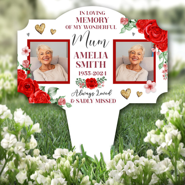 Mum Red Roses Photo White Remembrance Garden Plaque Grave Marker Memorial Stake