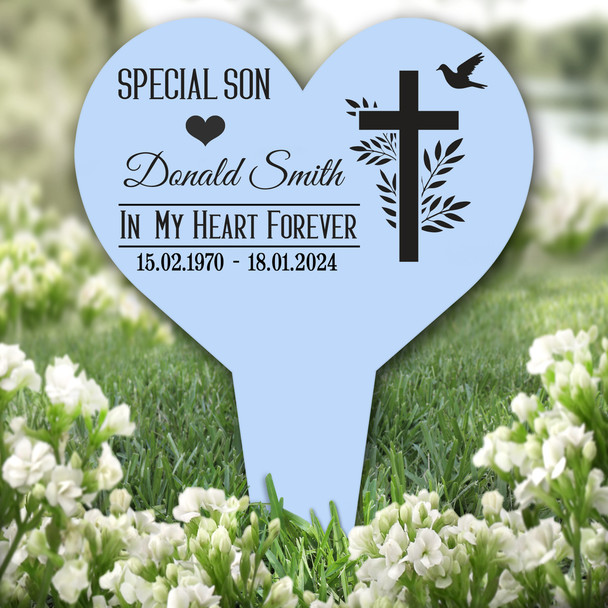 Heart Son Leaves Cross Blue Remembrance Garden Plaque Grave Memorial Stake