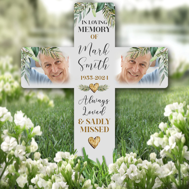 Cross In Loving Memory Leaves Photo Grey Remembrance Grave Plaque Memorial Stake
