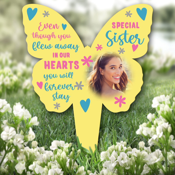 Butterfly Sister Photo Yellow Remembrance Garden Plaque Grave Memorial Stake