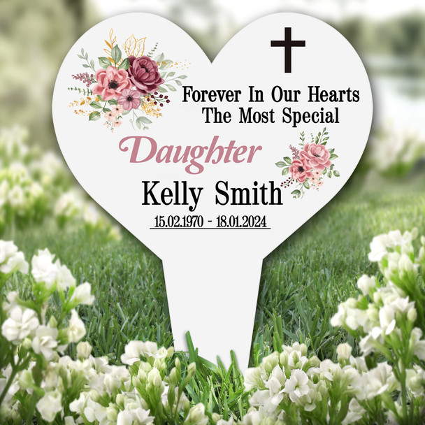 Heart Daughter Pink Floral Remembrance Garden Plaque Grave Marker Memorial Stake