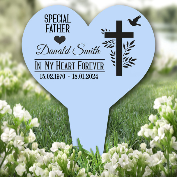 Heart Father Leaves Cross Blue Remembrance Garden Plaque Grave Memorial Stake