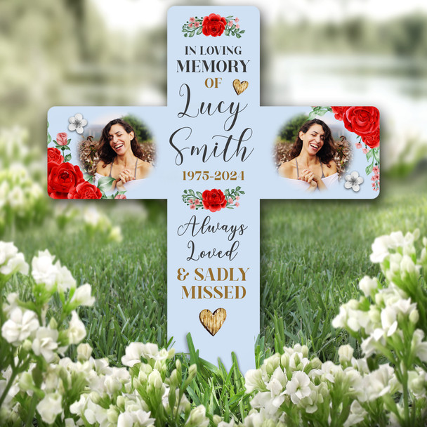 Cross In Loving Memory Red Roses Photo Blue Grave Garden Plaque Memorial Stake