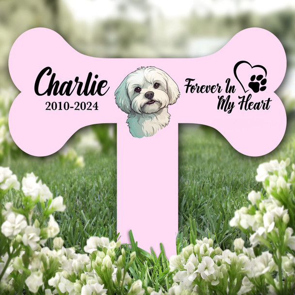 Bone Pink Maltese Dog Heart Pet Remembrance Garden Plaque Grave Memorial Stake