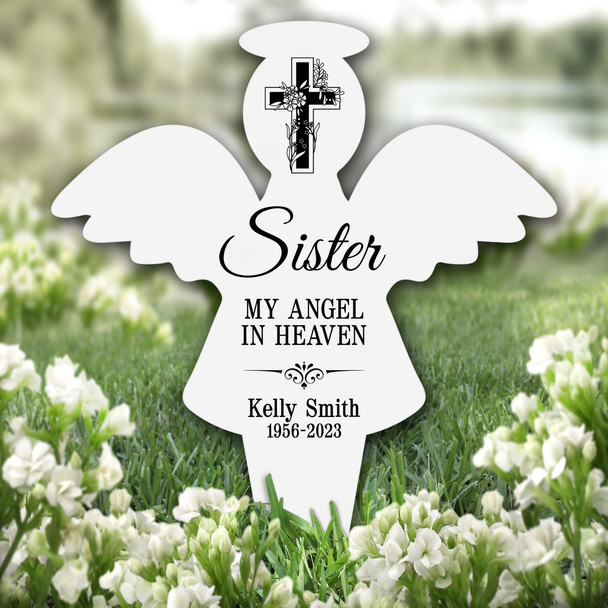 Angel Sister Floral Black Cross Remembrance Garden Plaque Grave Memorial Stake