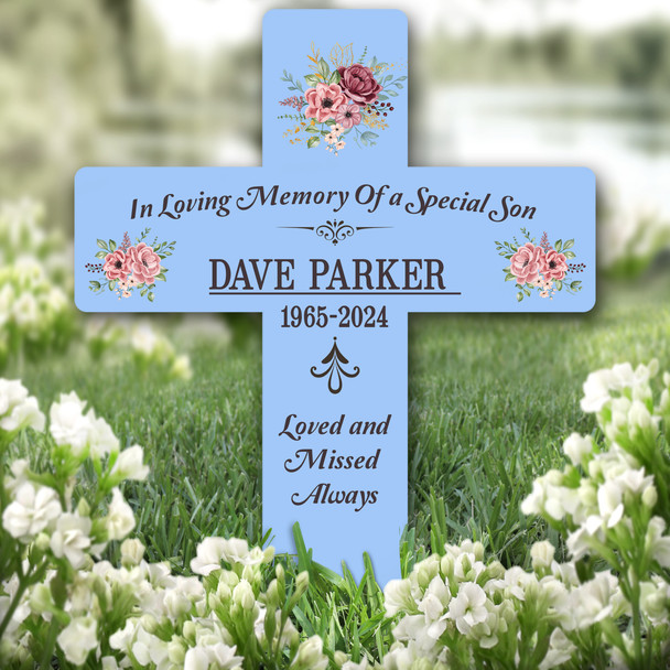 Cross Blue Son Grey Pink Floral Remembrance Garden Plaque Grave Memorial Stake