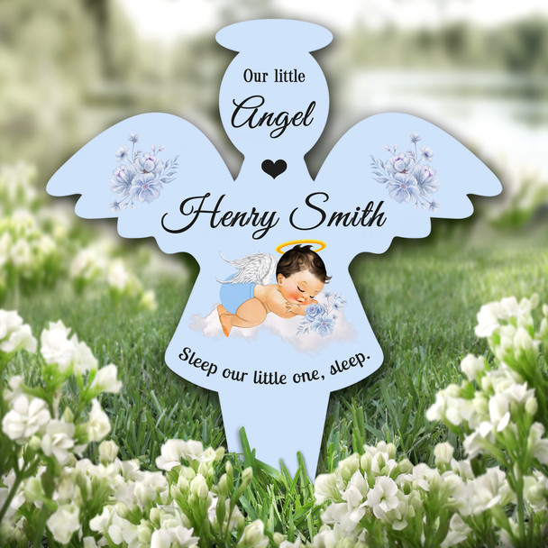 Angel Blue Light Skin Brown Hair Baby Boy Grave Garden Plaque Memorial Stake