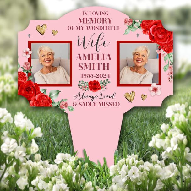 Wife Red Roses Photo Pink Remembrance Garden Plaque Grave Marker Memorial Stake