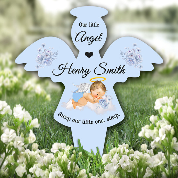 Angel Blue Blonde Hair Baby Boy Wings Remembrance Grave Plaque Memorial Stake