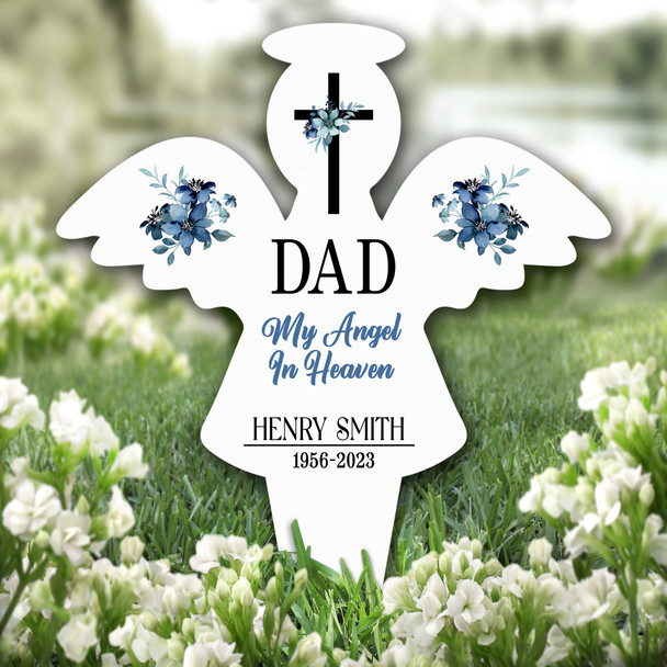 Angel Dad Blue Floral Remembrance Garden Plaque Grave Marker Memorial Stake