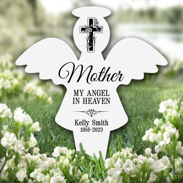 Angel Mother Floral Black Cross Remembrance Garden Plaque Grave Memorial Stake