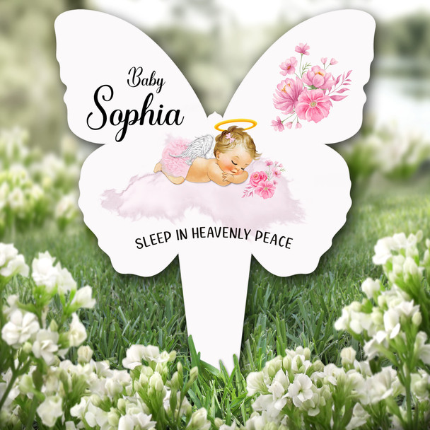 Butterfly Blonde Hair Baby Girl Pink Remembrance Plaque Grave Memorial Stake