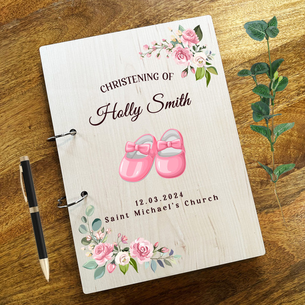 Wood Pink Floral Pink Baby Shoes Message Notes Keepsake Christening Guest Book