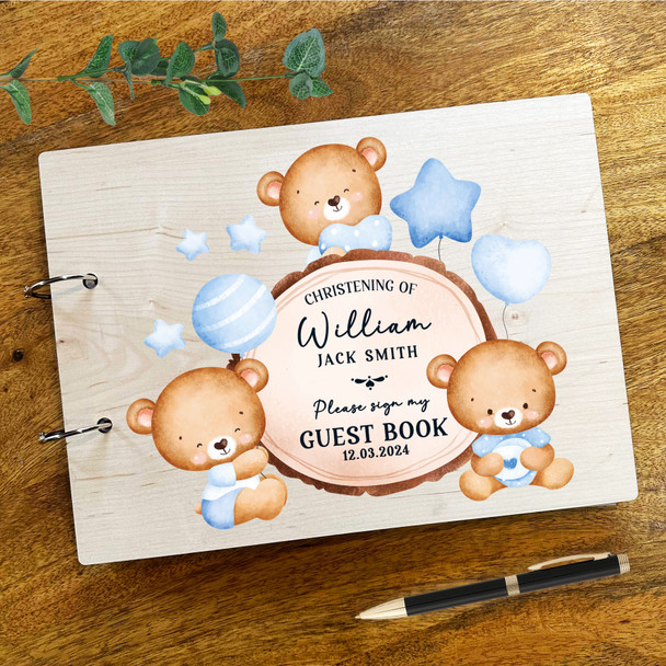 Wood Watercolour Blue Teddy Bear Message Notes Keepsake Christening Guest Book