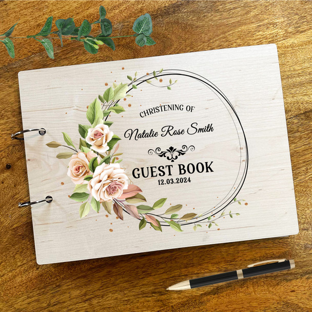 Wood Watercolour Floral Wreath Message Notes Keepsake Christening Guest Book