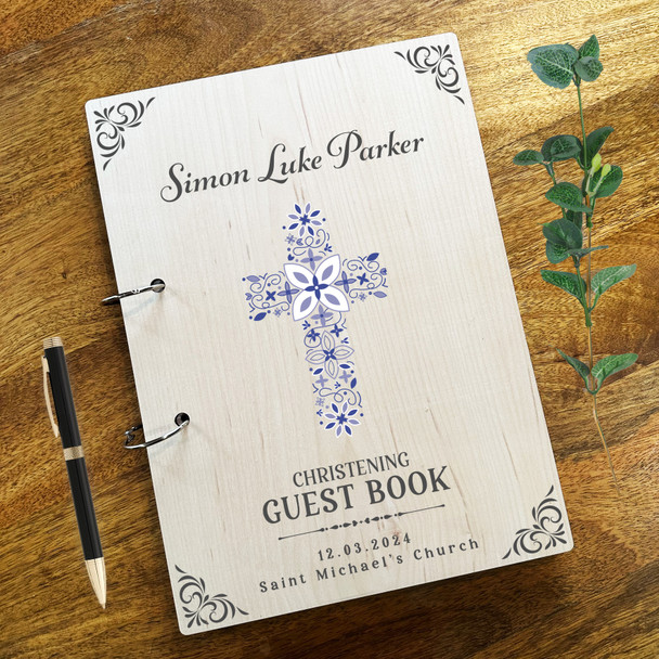 Wood Dark Blue Ornament Cross Message Notes Keepsake Christening Guest Book