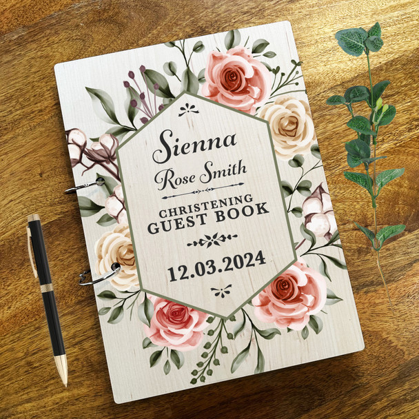 Wood Watercolour Roses Leaves Message Notes Keepsake Christening Guest Book