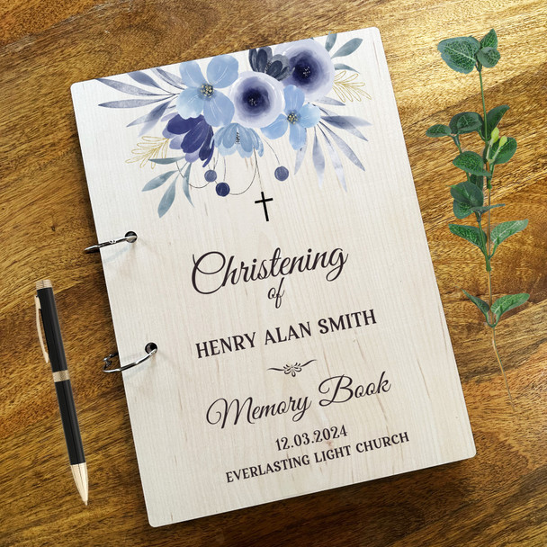Wood Blue Watercolour Floral Message Notes Keepsake Christening Guest Book