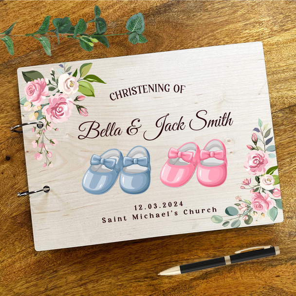 Wood Pink Floral Twins Shoes Message Notes Keepsake Christening Guest Book