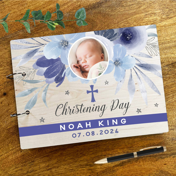 Wood Blue Flowers Boy Photo Message Notes Keepsake Christening Guest Book