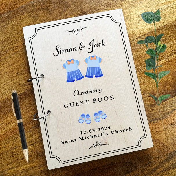 Wood Twins Boy Blue Outfits Message Notes Keepsake Christening Guest Book