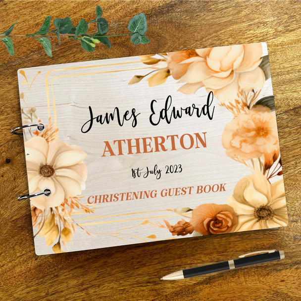 Wood Autumn Cream Floral Message Notes Keepsake Christening Guest Book