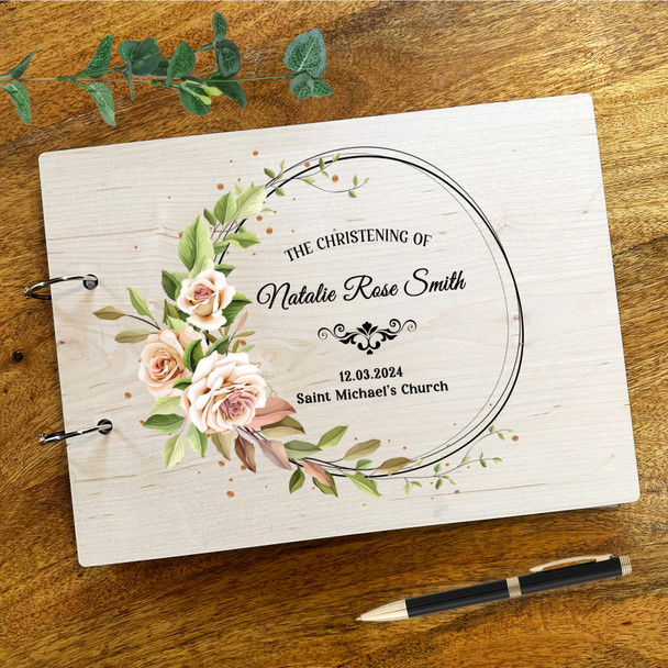 Wood Roses Wreath Message Notes Keepsake Christening Guest Book