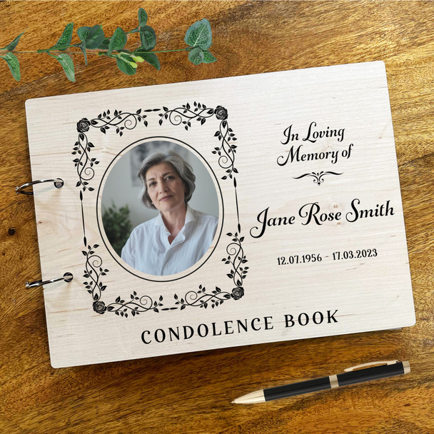 Black Vintage Rose Photo Sympathy In Loving Memory Funeral Condolence Guest Book
