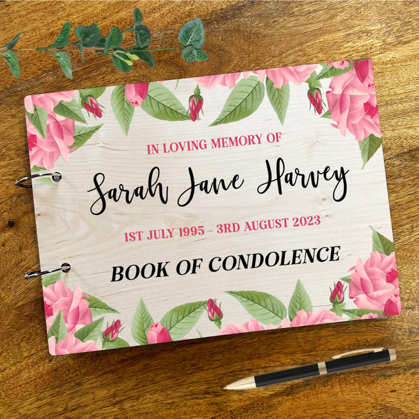 Wood Pretty Pink Roses Sympathy In Loving Memory Funeral Condolence Guest Book
