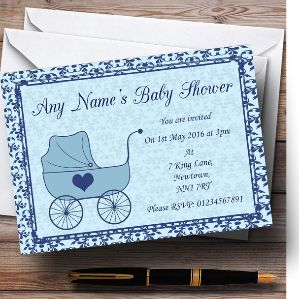 Boy Blue Pram Customised Baby Shower Invitations