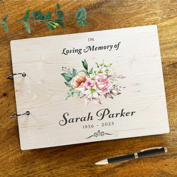 Wood Watercolour Floral Sympathy Loving Memory Funeral Condolence Guest Book