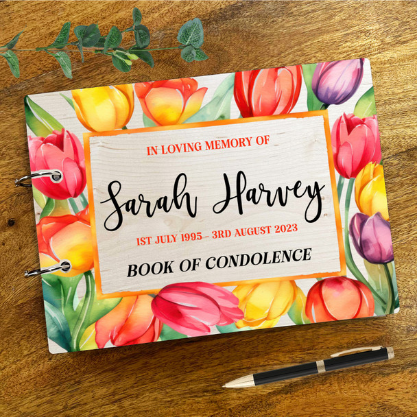 Wood Bright Tulips Sympathy In Loving Memory Funeral Condolence Guest Book