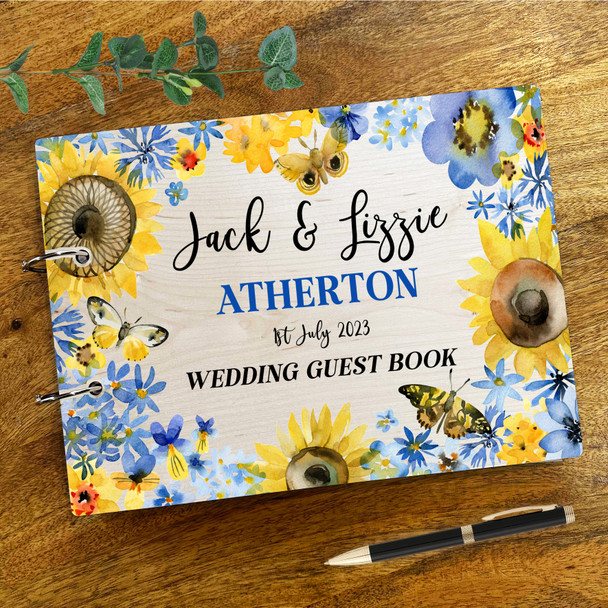 Bright Yellow Blue Sunflowers Butterflies Message Keepsake Wedding Guest Book