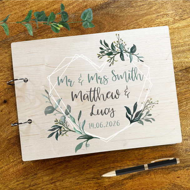 Mr & Mrs Wedding Day Heart Green Foliage Message Keepsake Wedding Guest Book