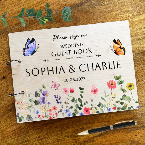 Wood Watercolour Floral Butterflies Message Notes Keepsake Wedding Guest Book