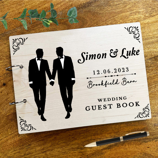 Wood Gay Couple Wedding Silhouette Message Notes Keepsake Wedding Guest Book