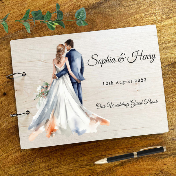 Wood Watercolour Bride And Groom Message Notes Keepsake Wedding Guest Book