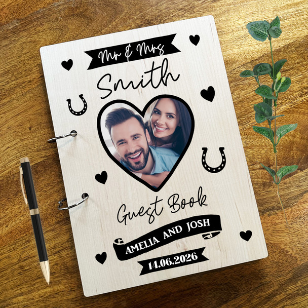 Wood Black Banner Heart Photo Message Notes Keepsake Wedding Guest Book