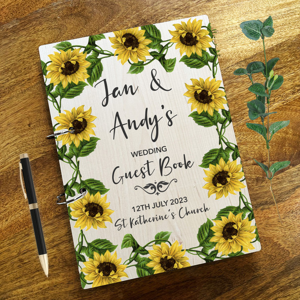 Wood Sunflower Border Vintage Message Notes Keepsake Wedding Guest Book