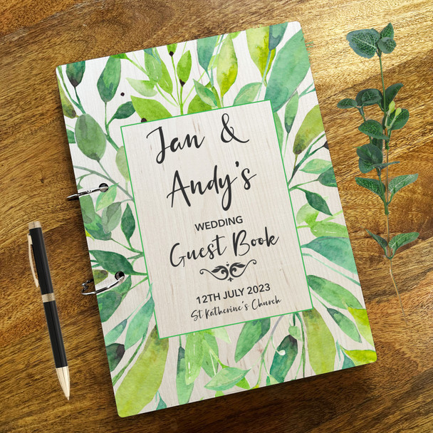 Wood Beautiful Green Leaves Message Notes Keepsake Wedding Guest Book