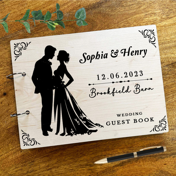 Wood Bride Groom Silhouette Message Notes Keepsake Wedding Guest Book