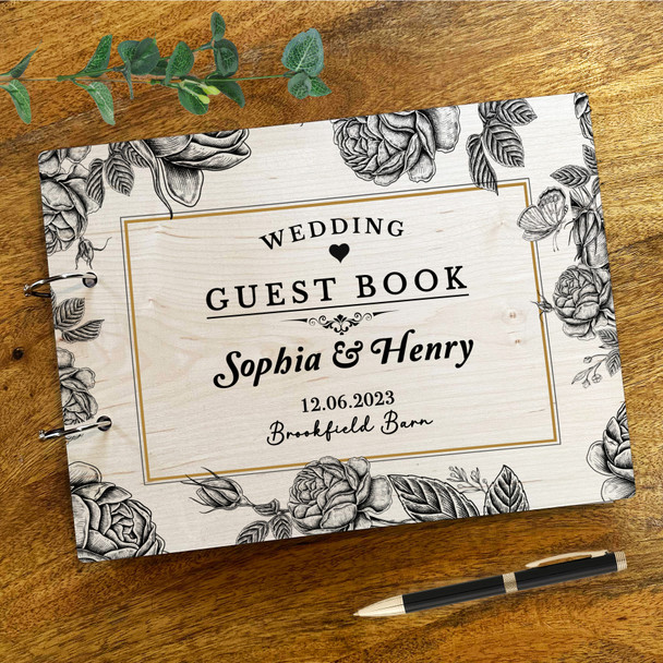 Wood Vintage Black Floral Message Notes Keepsake Wedding Guest Book