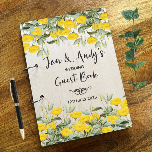 Wood Yellow Flowers Message Notes Keepsake Wedding Guest Book