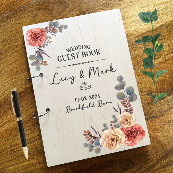 Wood Floral Message Notes Keepsake Wedding Guest Book