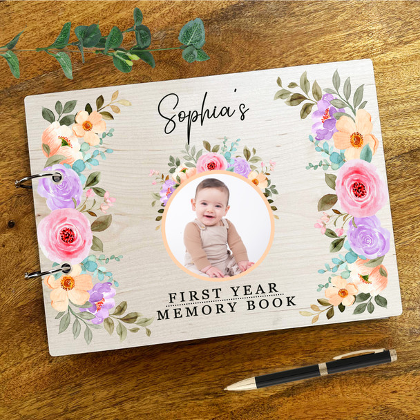 Watercolour Photo Frame First Year Photo Album Memories New Baby Keepsake Book