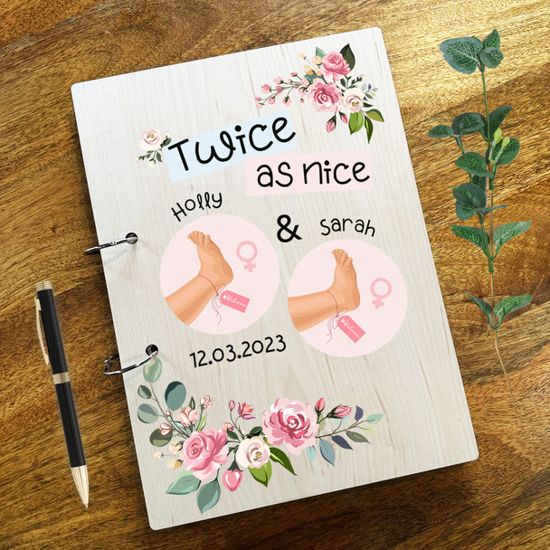 Wood Floral Twin Girls Feet Photo Album Memories New Baby Keepsake Book